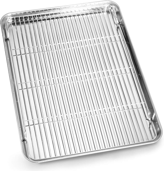 Cookie Sheet and Cooling Rack Set, 16 inch Stainless Steel Baking Pan by BASTWE