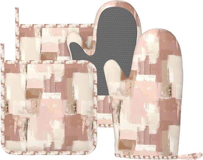 Oven Mitts and Pot Holders Set, Modern Art Dusty Pink Abstract Silicone Kitchen by DADABULIU