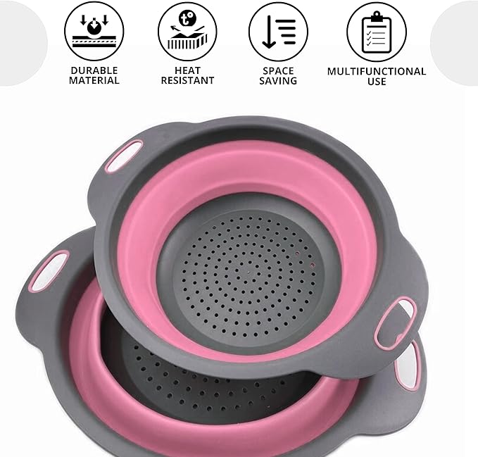 Pink Round Silicone Colander Collapsible – Foldable Kitchen Strainer Small - Image 4