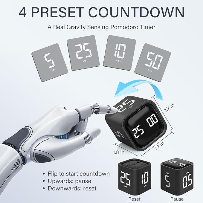 Rotating Pomodoro Timer 5, 10 50 Minutes Preset, Desk Productivity Flip Timer - Image 2
