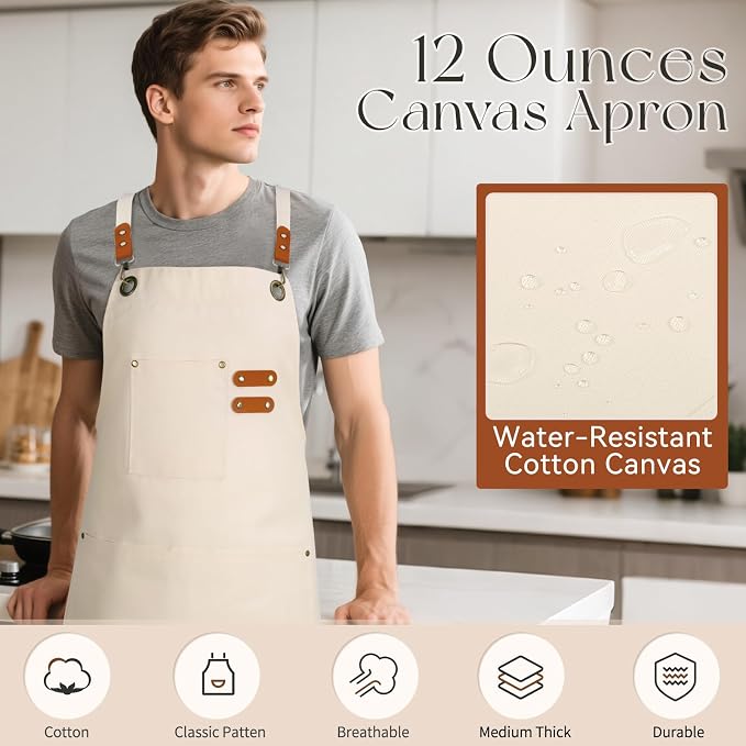 Chef Aprons for Men Women with Large Pockets, Cotton Canvas Water Repellent - Image 7