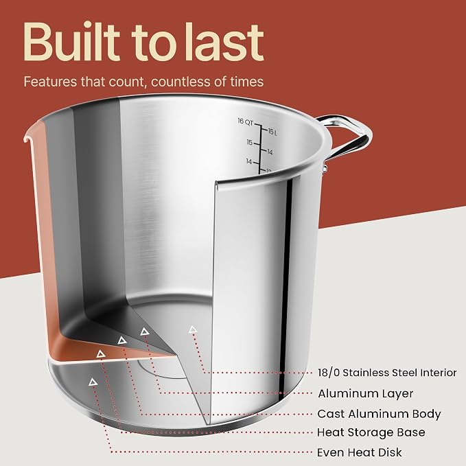 Stainless Steel Stockpot with Tempered Glass Lid 16 Quart, Durable 18/0 - Image 8