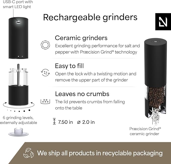 LARS NYSØM Electric Salt and Pepper Grinder Set I Automatic Salt and Pepper - Image 4