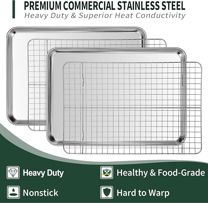 Quarter Sheet Pan with Cooling Rack Set, CEKEE Stainless Steel Cookie Sheets - Image 3