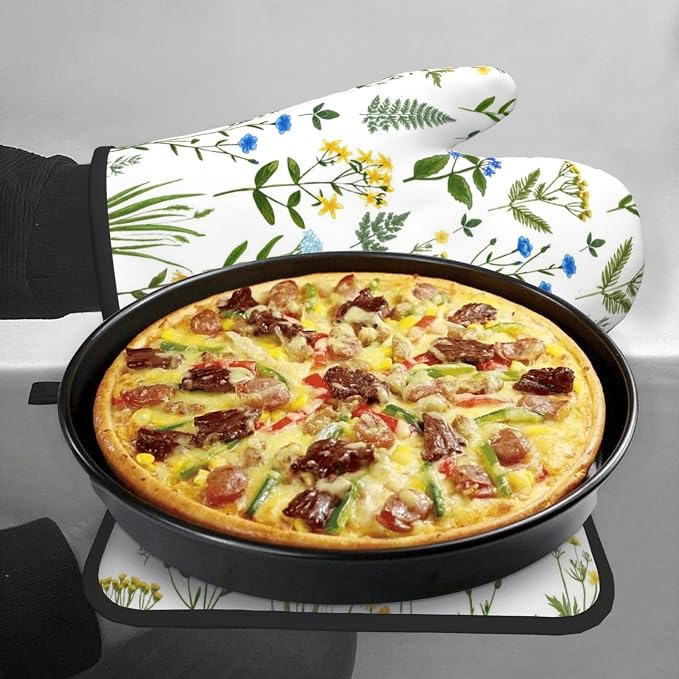 Blue Yellow Green Floral Oven Mitts & Pot Holders Sets of 3, Heat Resistant Sky - Image 3