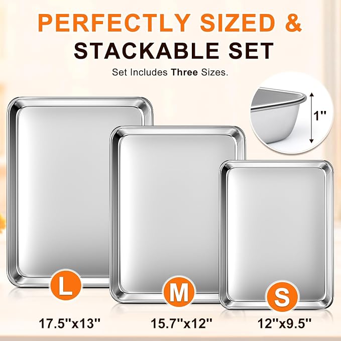 Baking Sheet Set of 3, Commercial Grade Stainless Steel Cookie Sheets - Image 2