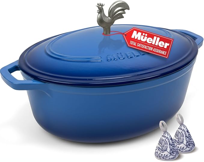 MUELLER HOME 5.5 Quart Enameled Cast Iron Oval Dutch Oven w Rooster Knob & by MUELLERHOME