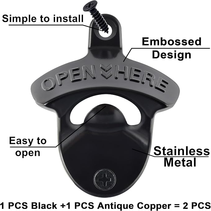 Old Fashion Bottle Opener Wall Mounted Stainless OPEN HERE Black Screw in Wall - Image 2