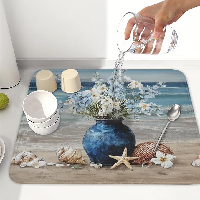 Summer Beach Dish Drying Mat for Kitchen Counter Nautical Coastal Blue Ocean - Image 6