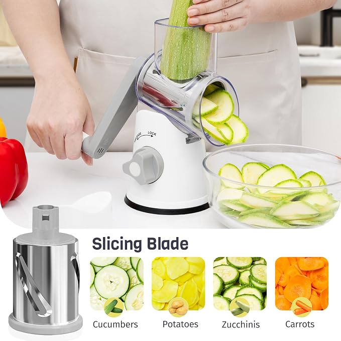 Rotary Cheese Grater Hand Crank, 3 Blades Slicer Shredder, Cheese Grater - Image 3