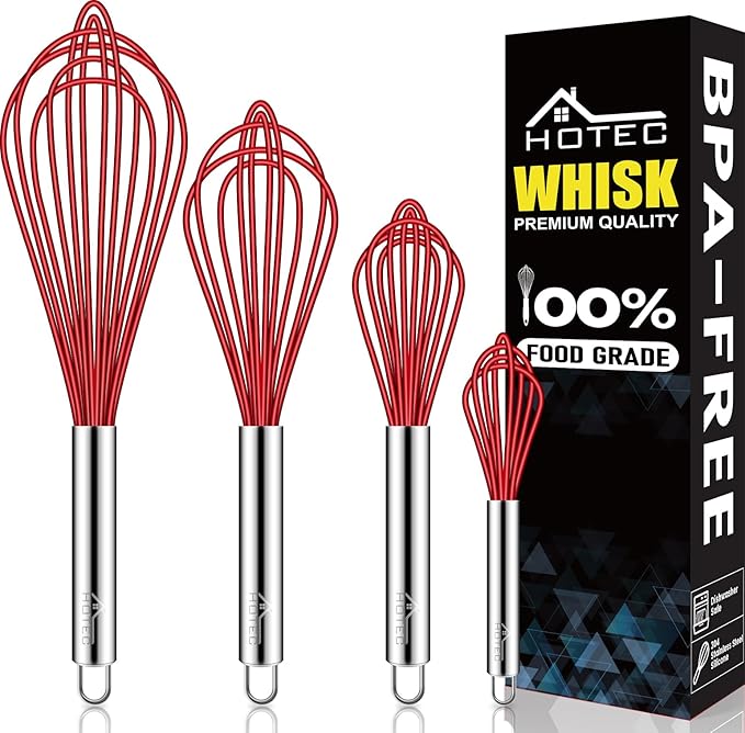 HOTEC 4 Pieces Silicone Whisks Set, Wire Balloon Whisks Egg Beater, Non-slip by Hotec