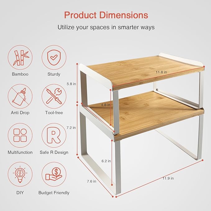 Goozii Kitchen Cabinet Organizer Set of 4, Desk Shelf Riser, Stackable Cabinet - Image 7