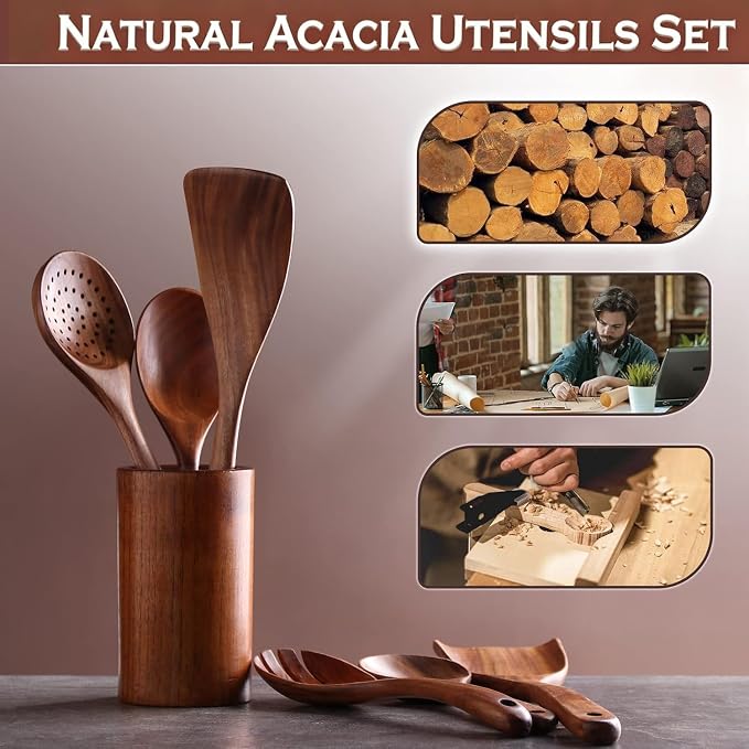 6Pcs Wooden Utensil Set, Natural Acacia Wooden Spoons - Image 5