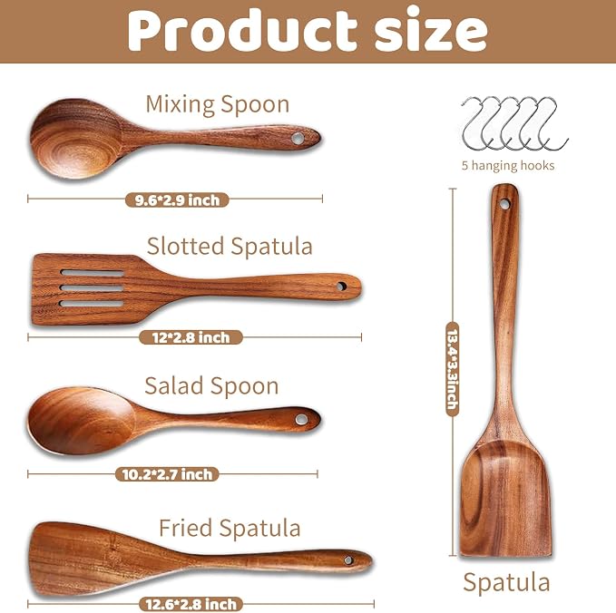 5 PCs Teak Wooden Utensil Set - Image 5