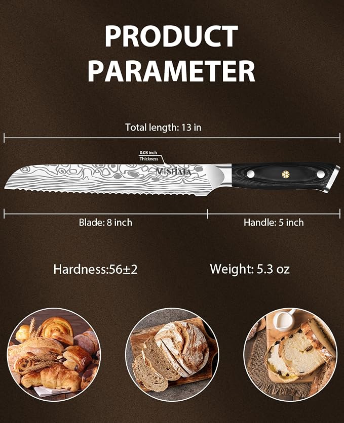 MOSFiATA Bread Knife 8” Ultra Sharp Serrated Knife, German High Carbon - Image 3