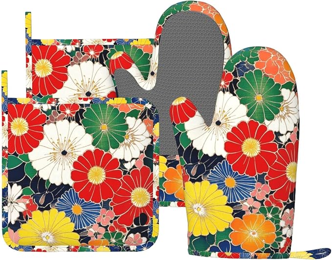 Oven Mitts and Pot Holders Flower Ethnic Art Pattern Silicone Kitchen by DADABULIU