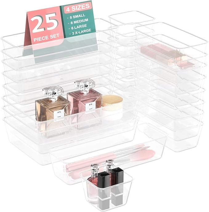 25 PCS Plastic Drawer Organizer Set, 4-size Clear Bathroom and Vanity Desk by Lulltou