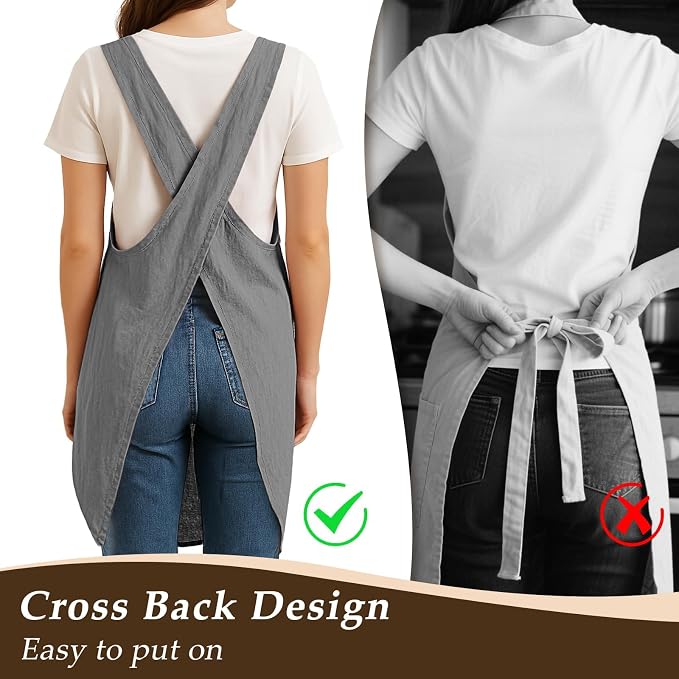 Apron for Women with Pocket Cotton Linen, Japanese Cross Back Apron for - Image 4