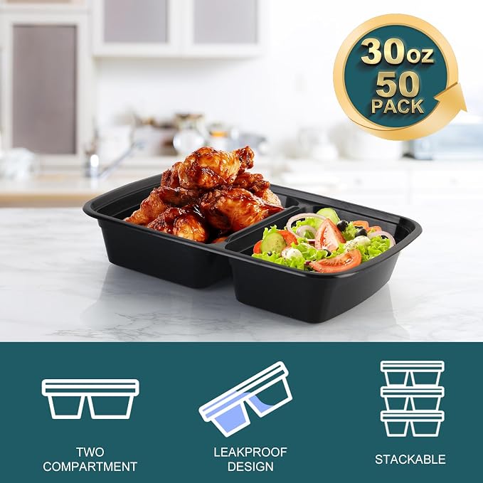 WGCC Meal Prep Containers 2 Compartment- 50Pack 30OZ Food Prep Containers - Image 2
