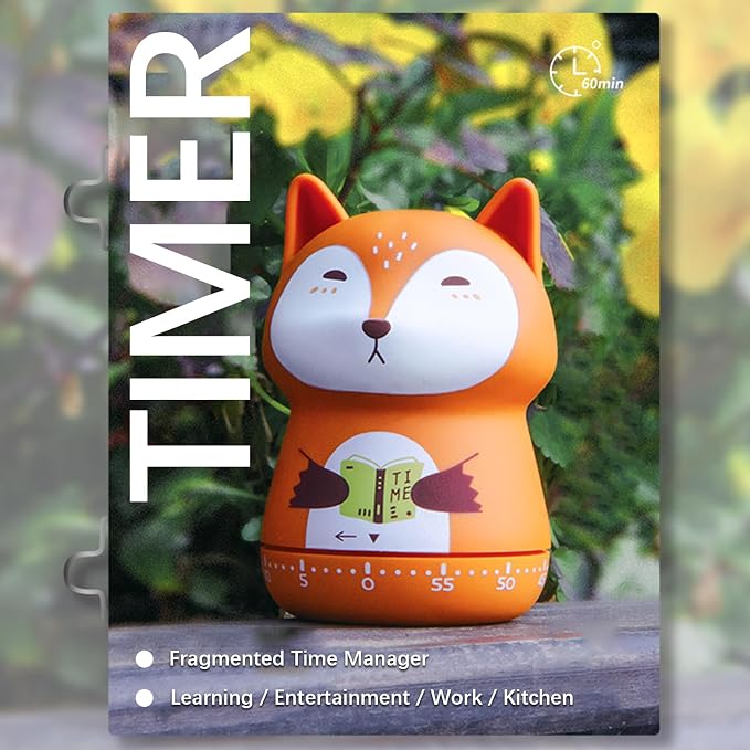 Cute Orange Fox Mechanical Kitchen Timer, 60-Minute Manual Wind Up Countdown - Image 4