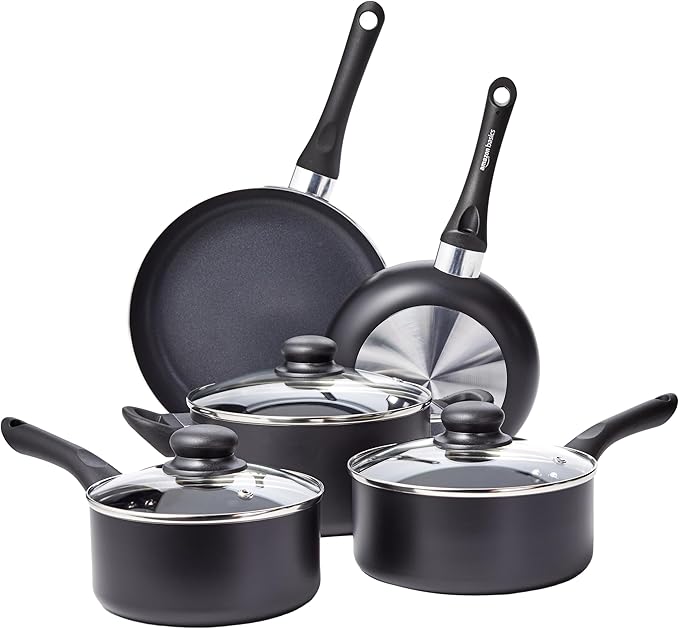 Amazon Basics Non-Stick Kitchen Cookware 8-Piece Set, Non-Induction, Includes by AmazonBasics