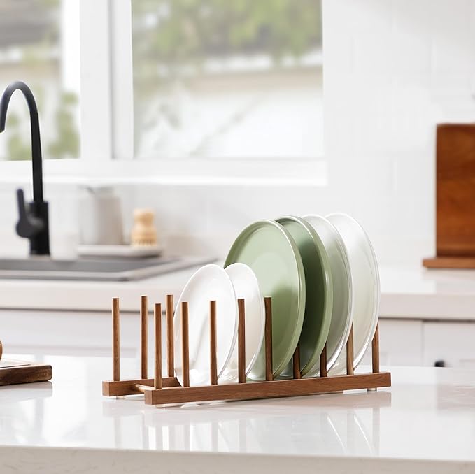 HBlife 2pcs Acacia Wooden Dish Dying Rack Pot Lid Plate Organizer Holder - Image 8