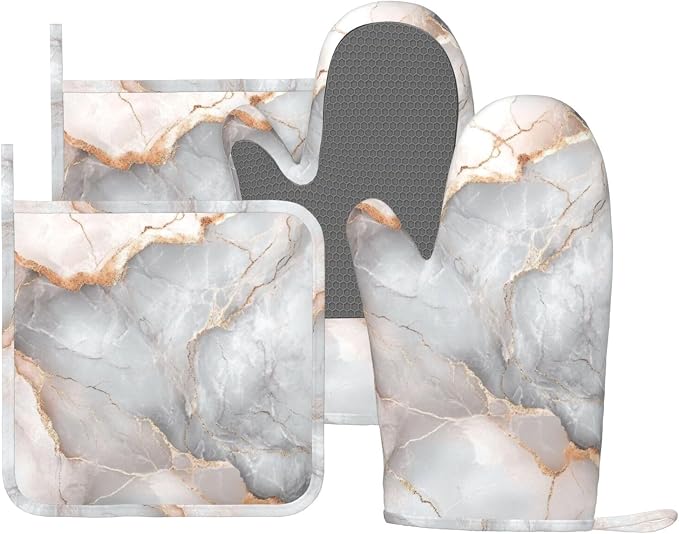 Oven Mitts and Pot Holders Gray Pastel Pink Marble Absstract Silicone Kitchen by DADABULIU