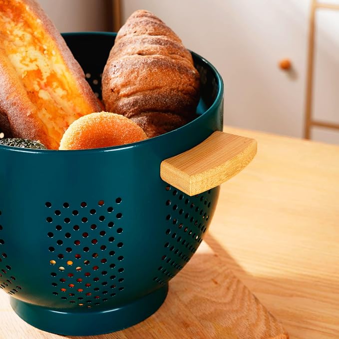 Metal Colander with Wood Handle, Powder Coated Steel Large Kitchen Strainer - Image 5