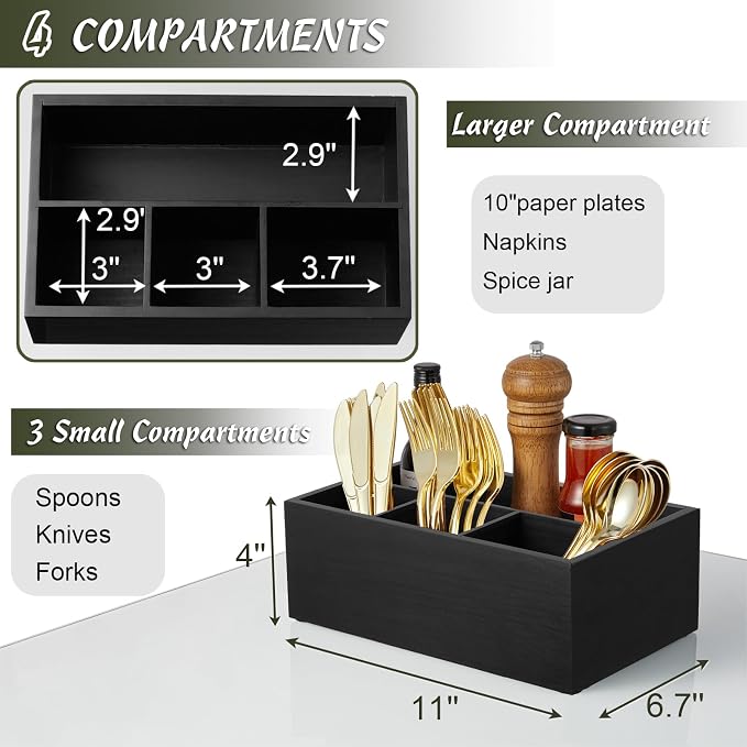 DRASTAR Paper Plate Dispenser, Wooden Utensil Caddy Organizer, Large Silverware - Image 3