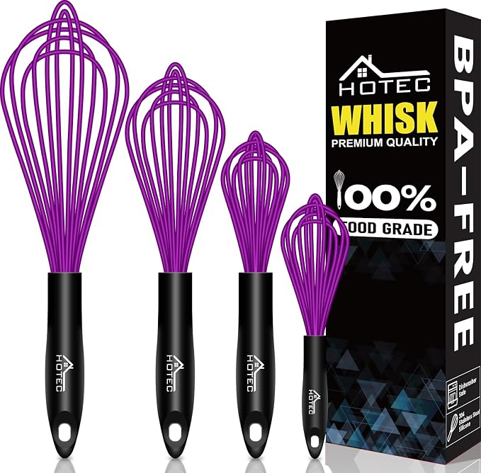 HOTEC 4 Pieces Silicone Whisks for Cooking, Wire Balloon Whisks Egg Beater by Hotec