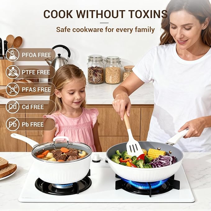 Ammeloo 15-Piece Ribbed Ceramic Cookware Set, Pots and Pans Set Non Stick - Image 2