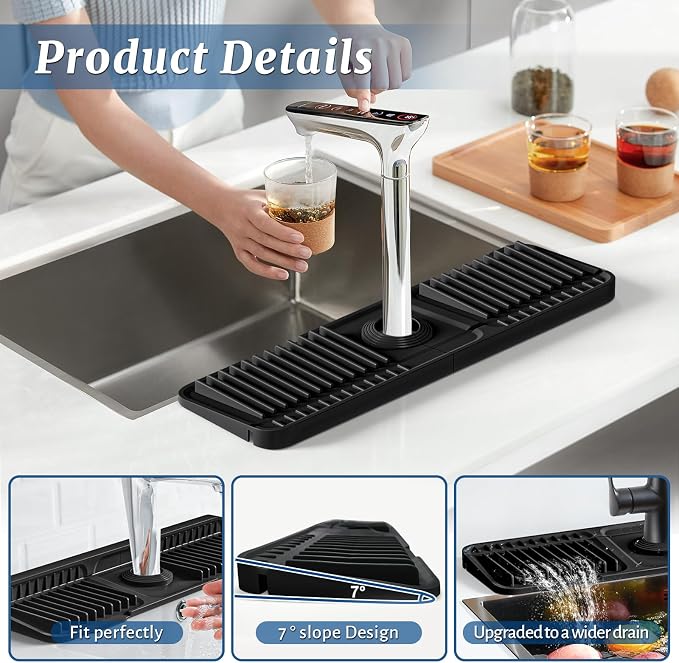 PoYang 17.7 inch Faucet Mat for Kitchen Sink Splash Guard, 7° Slope Silicone - Image 8