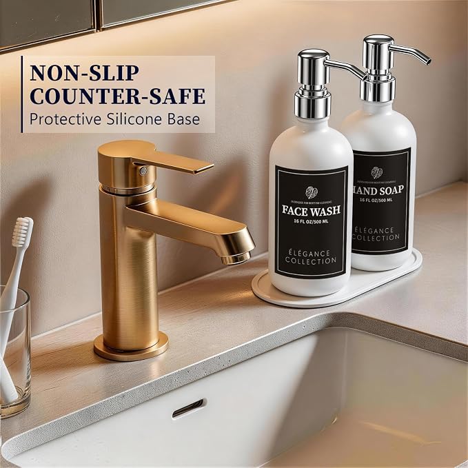 White Glass Soap Dispenser Set of 2, 16oz Hand and Dish Soap Dispenser - Image 4