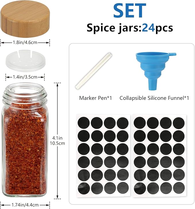 24Pcs Glass Spice Jars with Labels, 4oz Spice Containers with Bamboo Lids - Image 2