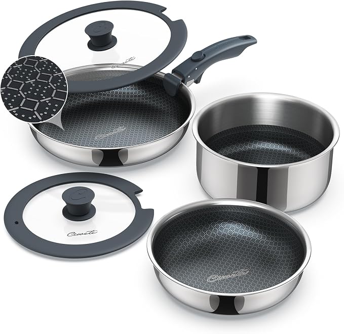 Ciwete 6-Piece Hybrid Stainless Steel Pots and Pans Set Non Stick, Tri-Ply by Ciwete