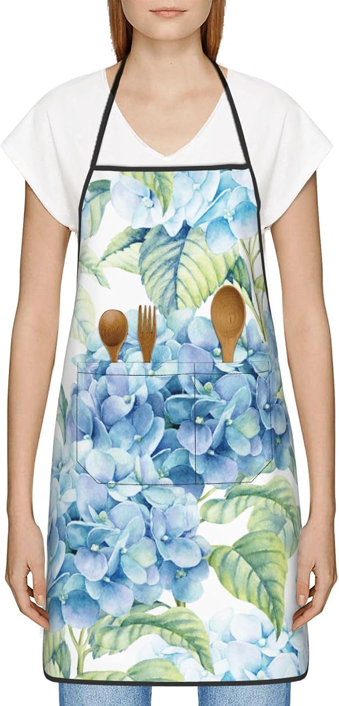 Blue Hydrangea Flowers Watercolor Oven Mitts Pot Holders Cooking Apron Set of 5 - Image 6