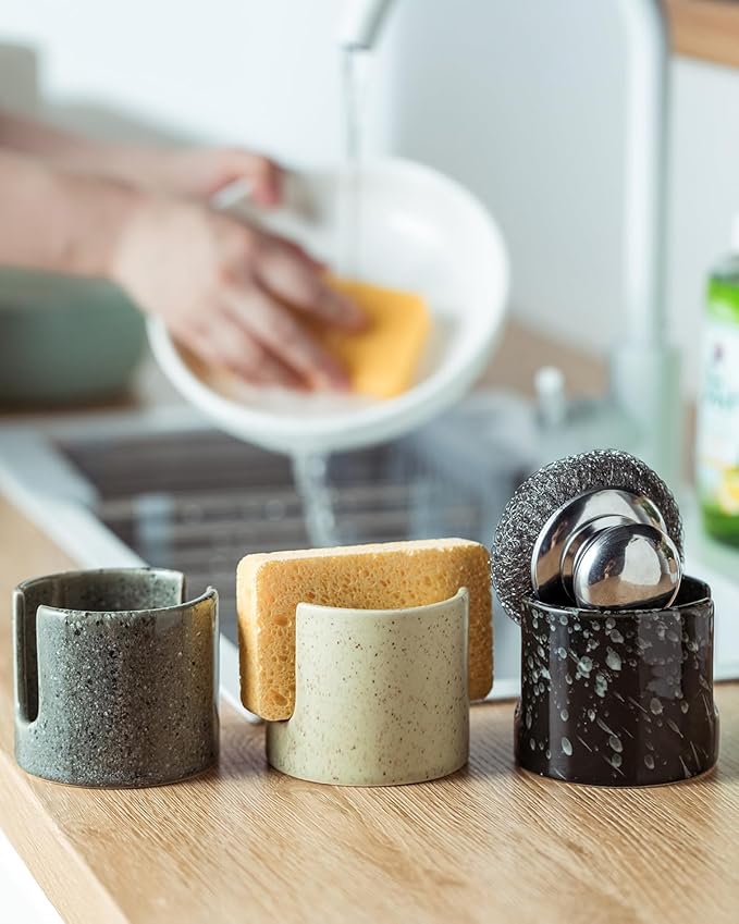 Zoeeker Sponge Holder for Kitchen, Ceramic Sink Caddy Scrub Sponge Rack Dish - Image 6