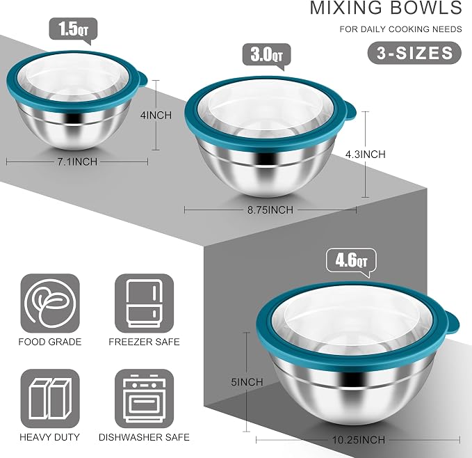 HaWare Mixing Bowls with Airtight Clear Lids, 6-Piece Stainless Steel Strong - Image 2