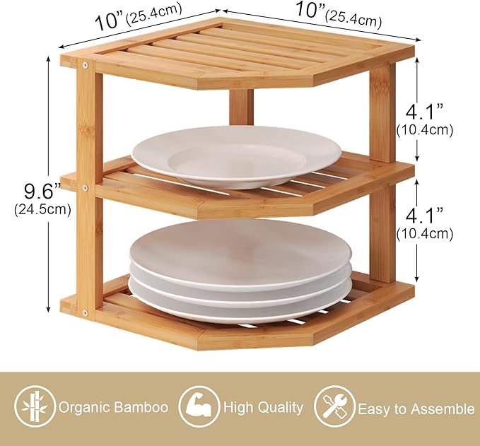 VERTORGAN 3 Tier Bamboo Corner Shelf, Dish Drying Rack, Plate Organizer - Image 3