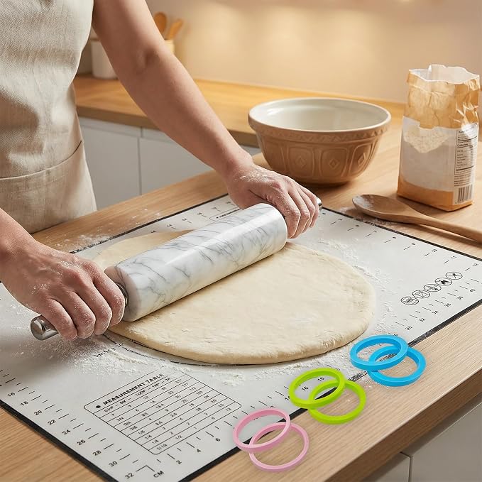 White Marble Rolling Pin with Stainless Steel Handles Baking Set - Image 4