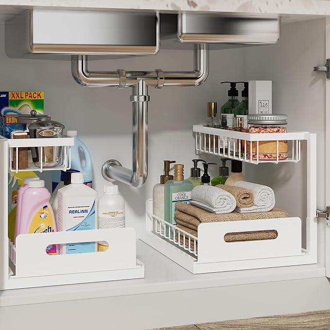 REALINN Under Sink Organizer, Pull Out Cabinet Organizer, 2 Tier Metal Slide by REALINN