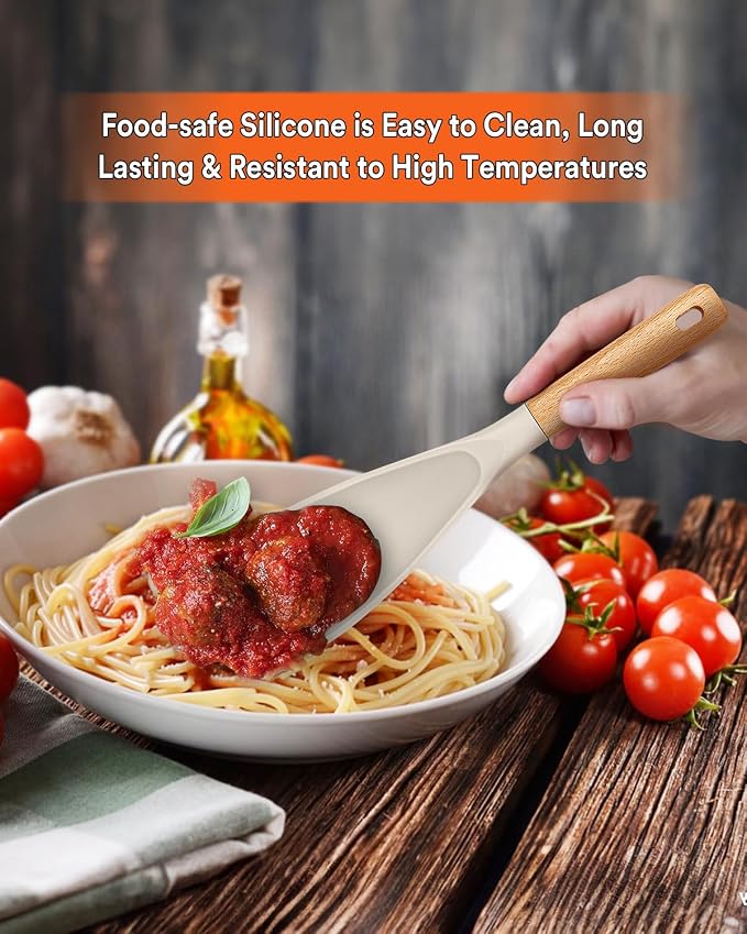 Cooking Spoon for Nonstick Cookwares, Wood Handle Spoon for Mixing, and Scrape - Image 3