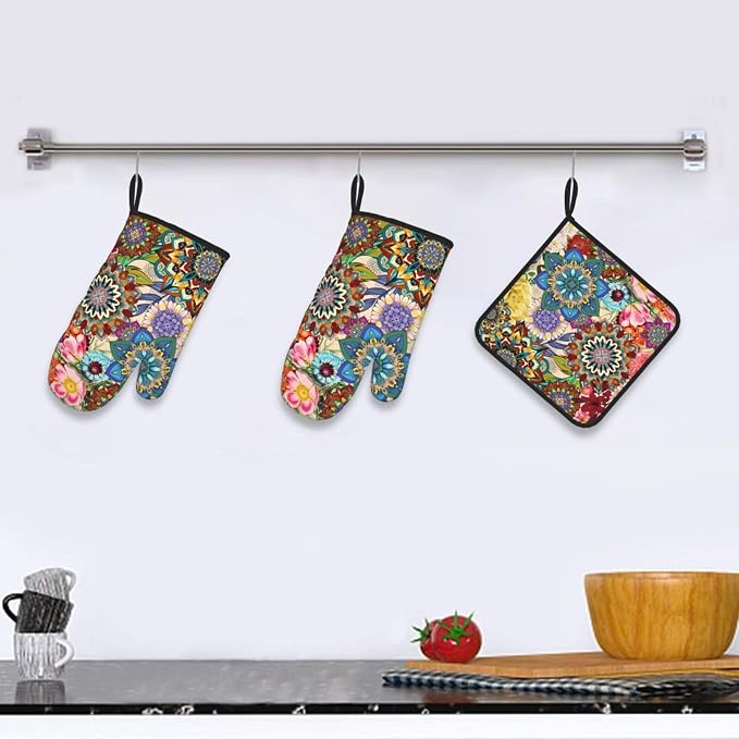 Boho Floral Oven Mitts and Pot Holders Sets, Heat Resistant Colorful Kitchen - Image 6