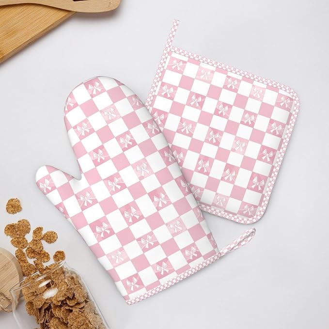 Oven Mitts and Pot Holders Pink Check Bow Pattern Silicone Kitchen Accessories - Image 8