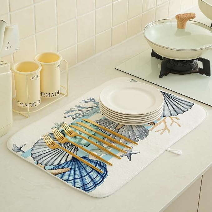 Nautical Coastal Starfish Dish Drying Mat 18x24 Inch Blue Beach Coral Shell - Image 2