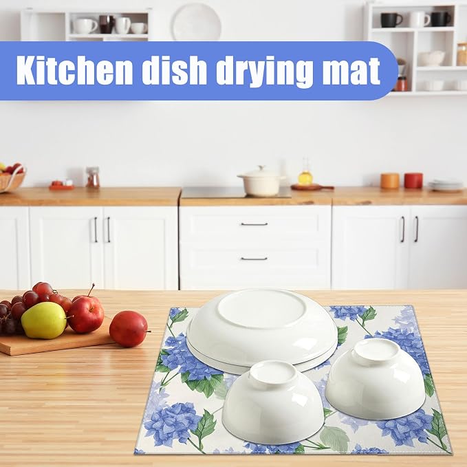 Blue Hydrangea Dish Drying Mat for Kitchen Counter Spring Floral Drying Pad - Image 6