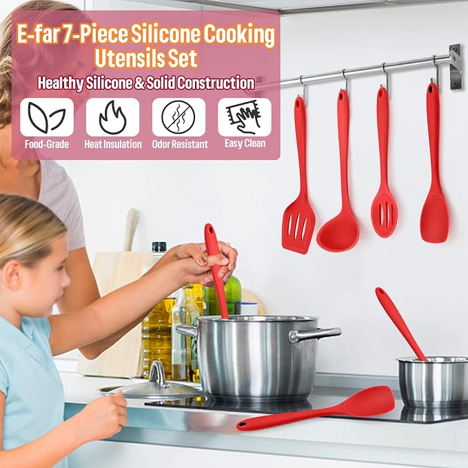 Silicone Cooking Utensils Set, E-far 7-Piece Red Heat Resistant Kitchen - Image 7