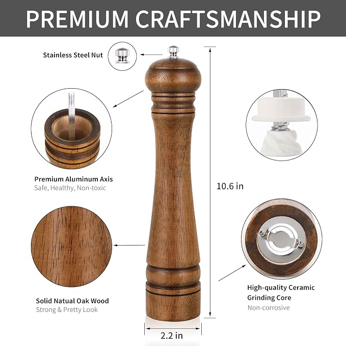 1Pack Wood Pepper Grinder, XWXO 10 Inch Salt Mill Pepper Shaker, Pepper Mill - Image 4