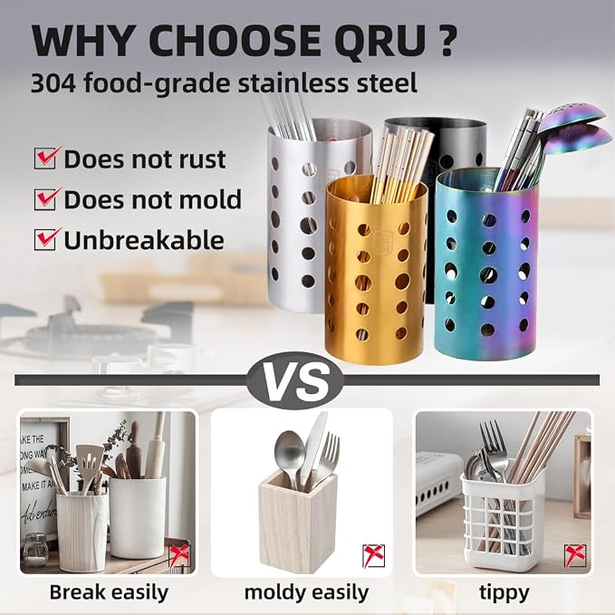 QRU Kitchen Utensil Holder for Countertop, Stainless Steel Cooking Utensil - Image 2