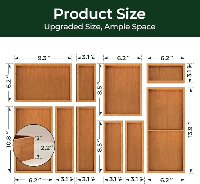 keechee 10-Piece Bamboo Drawer Organizer Set, 2.2" Deep Multi-Use Organizers - Image 3